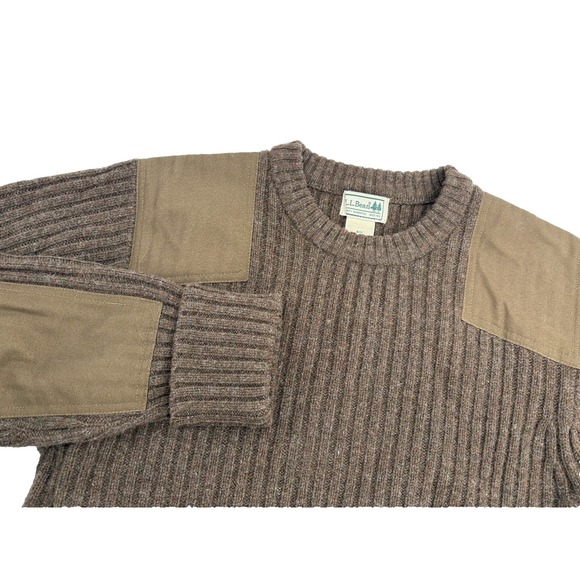 LL Bean Commando Sweater 100% Merino Wool Knit Pullover Elbow Patch Small Brown - Picture 1 of 7